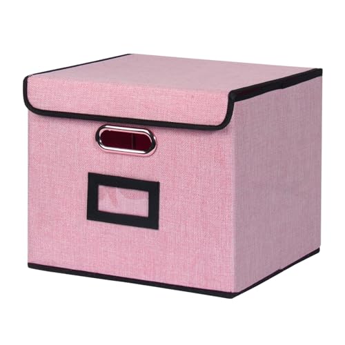 Large Square Storage Bin with Lid, Foldable Organizer Box with Handles & Label Design, for Office, Closet, Home, Documents, Pink, 12.20 x 10.63 x 10.63 Inches, 1 Pack - color: Pink, style: Square - 1 Pack