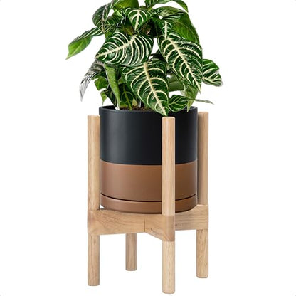 D'vine Dev Ceramic Pot with Natural Wood Stand, Black/Tan, 8 in, 55-B-N-7 - color: Black/Speckled Tan Pot + Natural Stand, size: 8 Inch