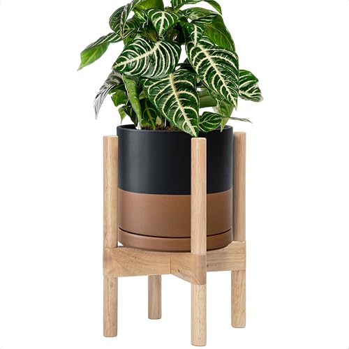 D'vine Dev Ceramic Pot with Natural Wood Stand, Black/Tan, 8 in, 55-B-N-7 - color: Black/Speckled Tan Pot + Natural Stand, size: 8 Inch
