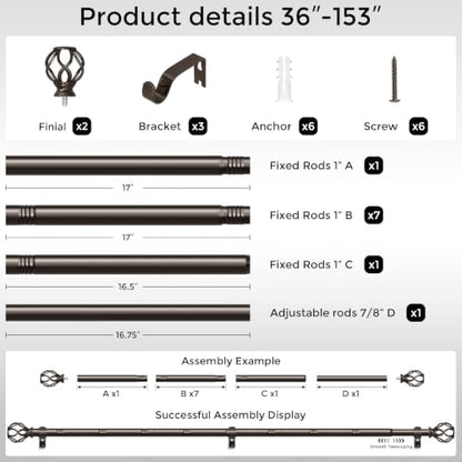 Bronze Curtain Rod 36-153 Inch, 1 Inch Curtain Rods for Windows - color: Bronze, size: 36"-153" (1 Pack)
