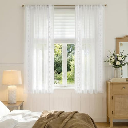 jinchan Floral Linen Curtains, Back Tab 54x63 Inch, 2 Panels White - color: S | Off White, size: 54"W x 63"L (Pack of 2)