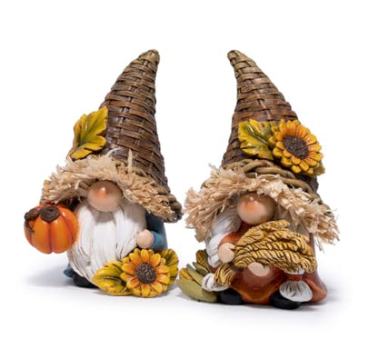 Hodao Thanksgiving Decor Harvest Elf Figurines with Pumpkin Sunflower - color: Brown-2 Pcs