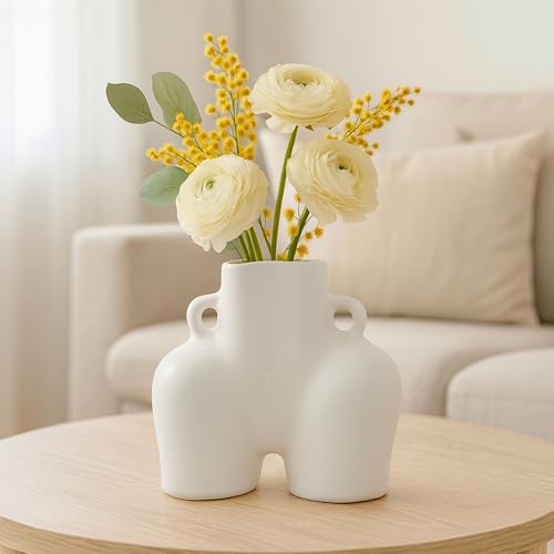 Half Body White Ceramic Vase – Flower Holder For Shelf or Table, Living Room or Bedroom – Sculptural Decorative Shape With Modern Glam Detail – Home Decor, Decorative vase – 6", White - color: White