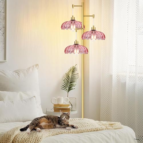 QIYIZM Pink Floor Lamp for Living Room,Bedroom,Gold Mid Century Modern Standing Lamp Brass Tree 3 Light Tall Floor Lamps Vintage Retro Floor Lights Glass Flower Lamp Shade Farmhouse Boho Bohemian - size: 19-Floor Lamp