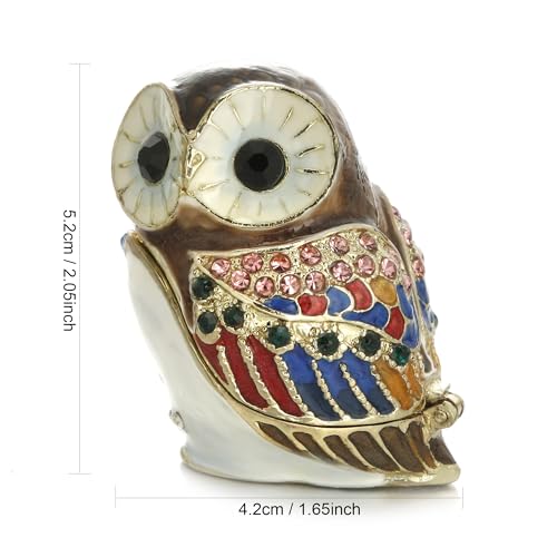Hand Painted Enamel Owl Trinket Box, Hinged Unique Mini Ring Necklace Jewelry Organizer, Classical Bejeweled Storage, Figurine Collectible Keepsake Home Decor (Mini Owl) - color: Wise Owl