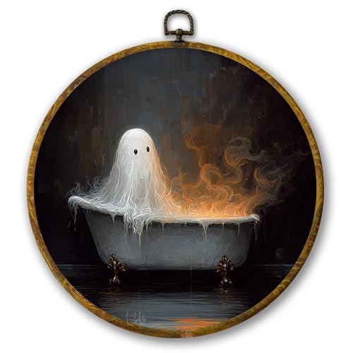 Mcehtle Halloween Ghost Bathroom Wall Art Decor, Whimsical Dark Academia Gothic Home Framed Canvas Prints 8.6x11.4, Spooky Black Halloween Round Wall Hanging Artwork Decorations for Toilet Bathroom - color: Colour 15