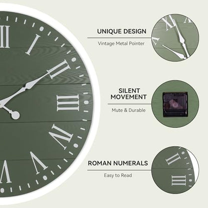 Large Wall Clock with Roman Numeral, 35.5” Shiplap Farmhouse Hanging Clock - color: Green, size: 35.5 Inch