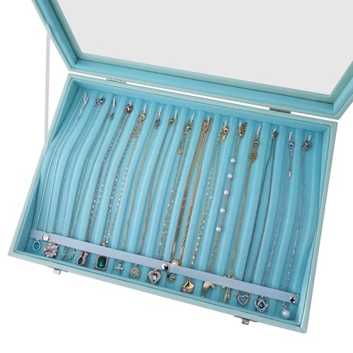 Clear Lid 15 Hooks Necklace Storage Box Women Anti-Tangle - color: Blue-15 necklaces