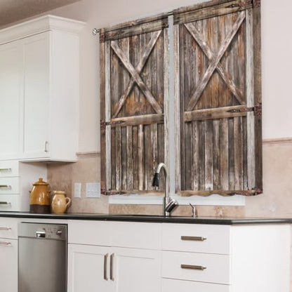 Wooden Rustic Barn Door Brown Wood Farmhouse Kitchen Curtains over Sink - color: E-brown, size: 27.5"W x 39"L (Pack of 2)