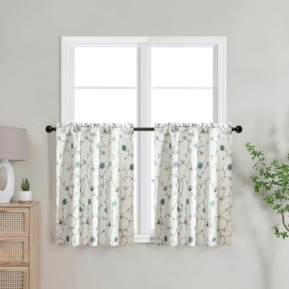 VOGOL Blue Floral Embroidered Tier Curtains, 30 x 36 Inches, 2 Panels - color: Blue, size: 30"W x 36"L (Pack of 2)