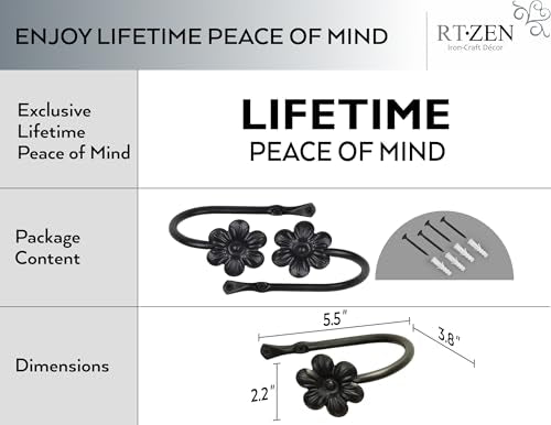 RTZEN Decorative Metal Curtain Tiebacks - Farmhouse Wrought Iron Curtain Holdbacks - Drapery Holders for Wall - Unique Metal Tie Backs for Curtains - 2 Pcs (Black Flower) (Pack of 2) - size: Medium (Pack of 2), style: Flower