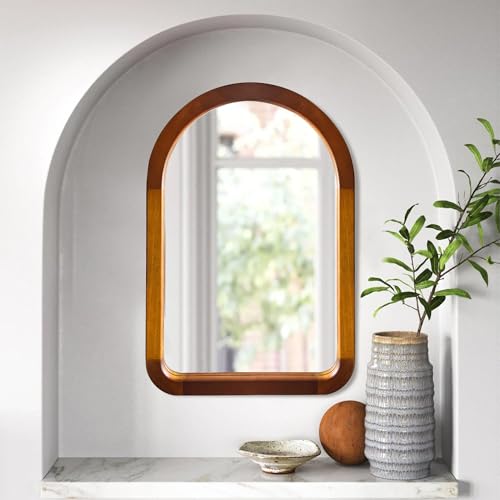 Arched Mirror 22 x 30 Inch,Brown Wood Rustic Bathroom Wall Walnut Mirror - color: Two-tone Walnut a, size: 30"L x 22"W