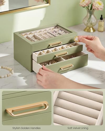 SONGMICS 3-Layer Jewelry Box with Glass Window, 3 Drawers, Golden Handles - color: Sage Green, size: 3-Tier