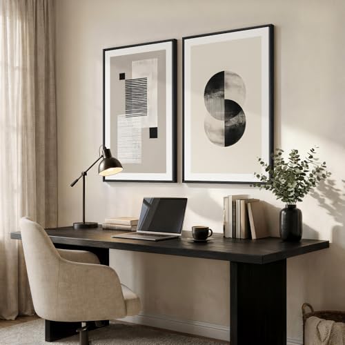 Large Framed Neutral Abstract Wall Art for Living Room Set of 2, 24x36 In - color: Black white Geometry, size: 24" W x 36" H x 2Pcs
