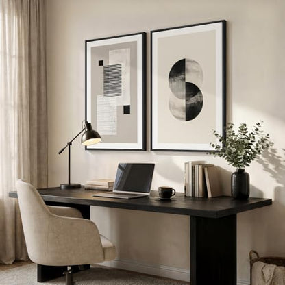 Large Framed Neutral Abstract Wall Art for Living Room Set of 2, 24x36 In - color: Black white Geometry, size: 24" W x 36" H x 2Pcs