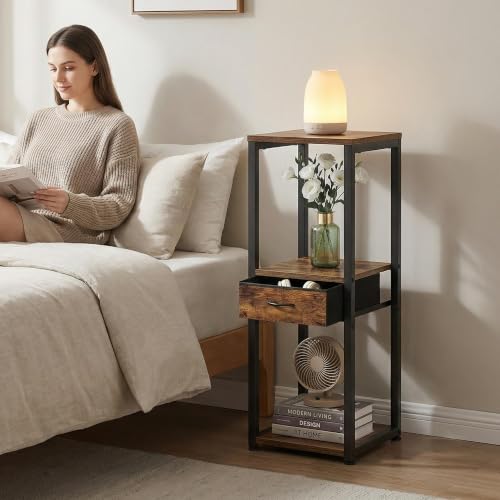 3-Tier Tall Plant Stand with Drawer, Small Square Side Table - size: 3-Tier with Drawer