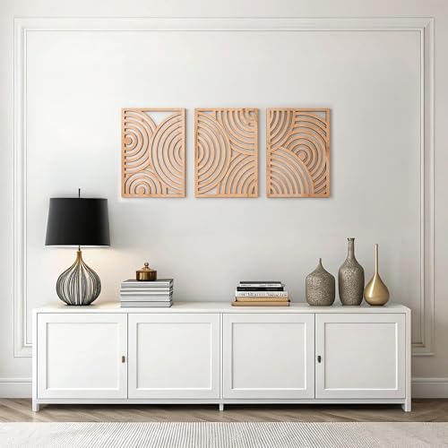 qmmp Modern Wooden Wall Sculptures - Set of 3 - Home Decor Accent - Large Wall Art for Living Room, Bedroom, Office - Easy Installation (Oak, Large - Orbit) - color: Oak, size: Large - Round
