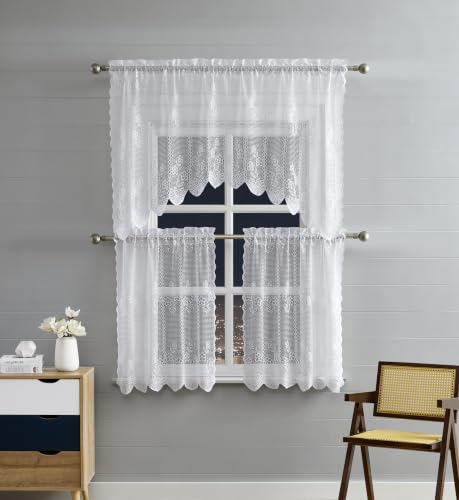 Warm Home Designs 3 Piece White Crochet Tiers & Swag. SIC White Set 36 - color: White, size: 30"W x 36"L (Pack of 3)