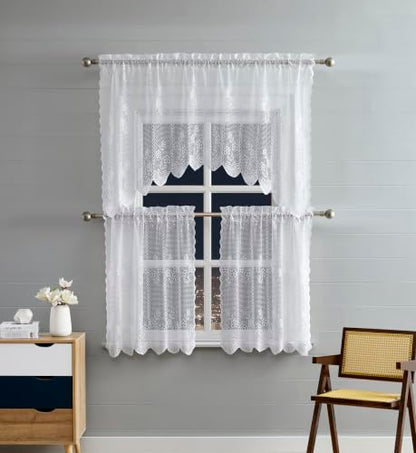 Warm Home Designs 3 Piece White Crochet Tiers & Swag. SIC White Set 36 - color: White, size: 30"W x 36"L (Pack of 3)