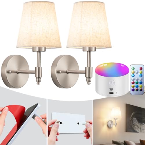 YHCDLAMP Peel and Stick Wall Sconces, No Drilling Stick On Wall Sconce, Wireless Battery Operated Wall Lights, Adhesive Wall Lamp with 10000mAh Battery Bulb for Bedroom Living Room Decor - color: Nickel-11.8inch