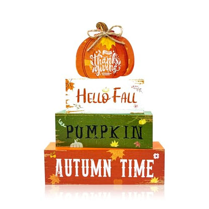4 Pcs Fall Thanksgiving Decorations for Home,Wooden Pumpkin Signs with Sayings Hello Fall Maple Leaf Block Signs Tiered Tray Tabletop Decor Thanksgiving Decor Indoor for Office Farmhouse Home Kitchen