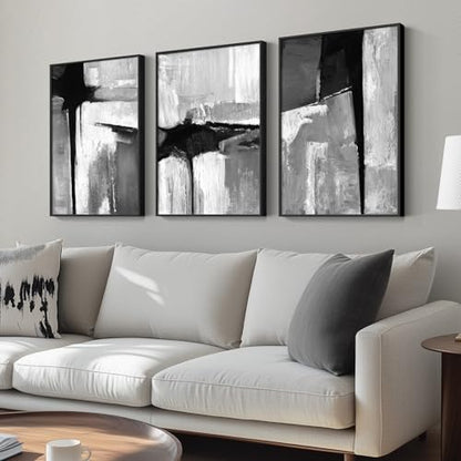 Framed Black White Gray Abstract Wall Art, 3 Piece Canvas Prints 16x24 In - color: Infinite Gray, size: 16" W x 24" H x 3Pcs