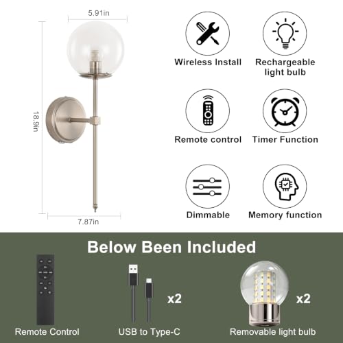 Globe Battery Operated Sconce Set of 2 with Clear Glass Lampshade - color: Brushed Nickel-Clear