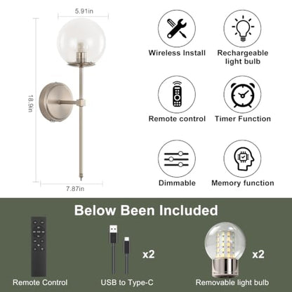 Globe Battery Operated Sconce Set of 2 with Clear Glass Lampshade - color: Brushed Nickel-Clear