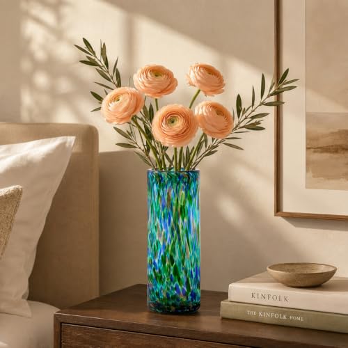 9.45in H Sea Glass Cylinder Vase Unique Hand Blown Glass Vase for Flower - color: Teal