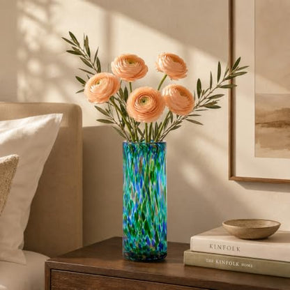9.45in H Sea Glass Cylinder Vase Unique Hand Blown Glass Vase for Flower - color: Teal
