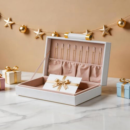 Decorative Storage Boxes with Lids for Home Decor Set of 2 - Large White PU Leather Memory Box for Keepsakes, 8 Necklace Hooks & Elastic Pocket, Floating Base with Gold Handles, Photo & Modern Jewelry