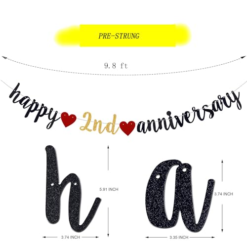 Happy 2nd Anniversary Party Banner, Black Glitter 2 Years Anniversary Garland, Wedding Banner Party Decorations (Pre-Strung)