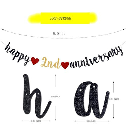 Happy 2nd Anniversary Party Banner, Black Glitter 2 Years Anniversary Garland, Wedding Banner Party Decorations (Pre-Strung)