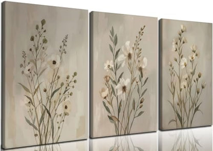 Neutral Wildflower Canvas Wall Art Set of 3, Beige Floral, 16x24 Inch - color: Light green flowers and grass, size: 16x24 inch