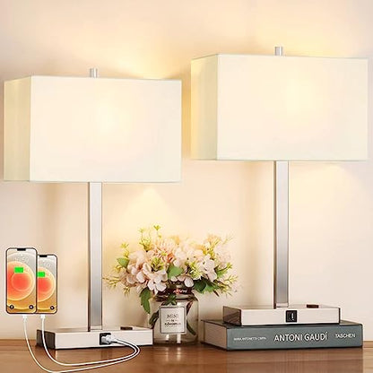 21" Touch Bedside lamps with 2 USB & AC Outlets, 3-Way Dimmable Bedside Table Lamps Set of 2 for Bedroom Living Room Office Reading, White Shade Lamps for Night Stands, 3000K LED Bulbs Included - color: White Cream Linen & Brushed Nickel