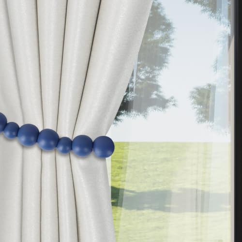 Boho Wood Bead Curtain Tiebacks Curtain Holdbacks with Hooks - color: Navy Blue