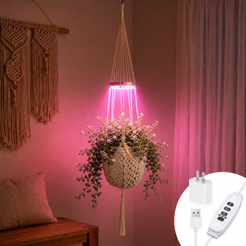 Shappy Hanging Plant Grow Light with Macrame Hanger, Indoor Lamp, Cream - color: Cream, size: Grow Light