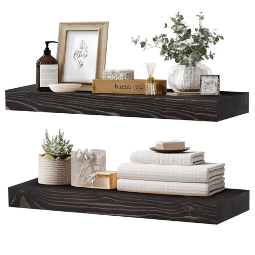 Solid Wood Floating Shelves, 24 Inch Wall Shelves, Set of 2, Black - color: Black, size: 24x8x1.6