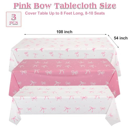 3 Pack Coquette Pink Bow Plastic Tablecloth, Pink and White Tablecloth - color: Pink Bow