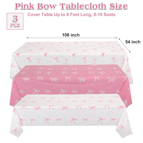 3 Pack Coquette Pink Bow Plastic Tablecloth, Pink and White Tablecloth - color: Pink Bow