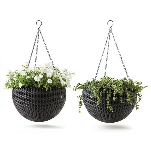 Keter Resin Rattan Set of 2 Round Hanging Planter Baskets for Indoor and Outdoor Plants-Perfect for Porches and Patio Decor, Graphite - color: Graphite