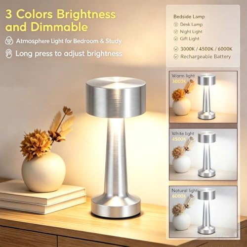HPUFKOT Portable LED Table Lamp, 3-Levels Brightness Metal Desk Lamp,3 Color Touch Control Rechargeable Lamp, Ideal Bedside Lamp for Nightstand,Bedroom, Living Room (Silver) - color: Silver