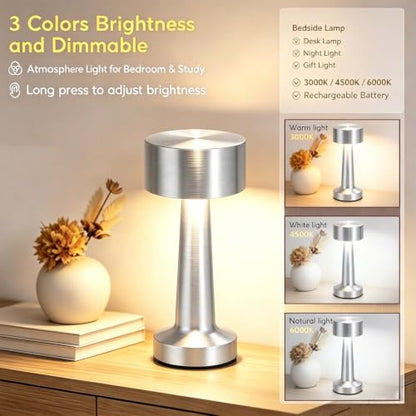HPUFKOT Portable LED Table Lamp, 3-Levels Brightness Metal Desk Lamp,3 Color Touch Control Rechargeable Lamp, Ideal Bedside Lamp for Nightstand,Bedroom, Living Room (Silver) - color: Silver