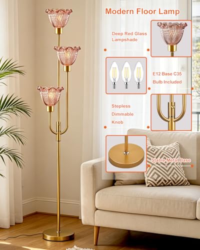 Glass Floor Lamp 66IN 3-Light Modern Red Glass Gold Dimmable Floor Lamps - color: Deep Red Flower-Gold