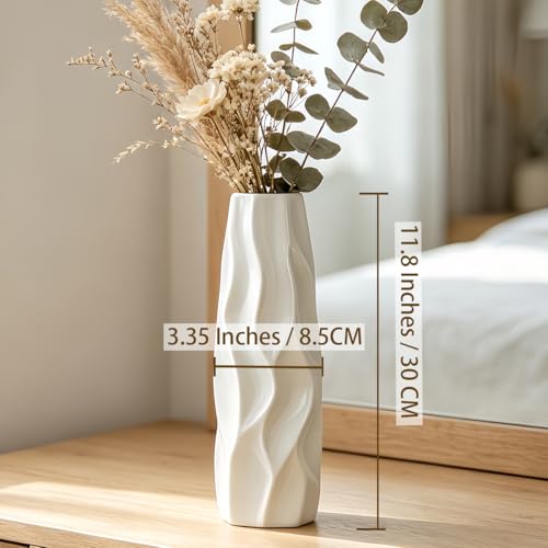 White Ceramic Flower Vase, 12 Inch, Pleated Wave Design