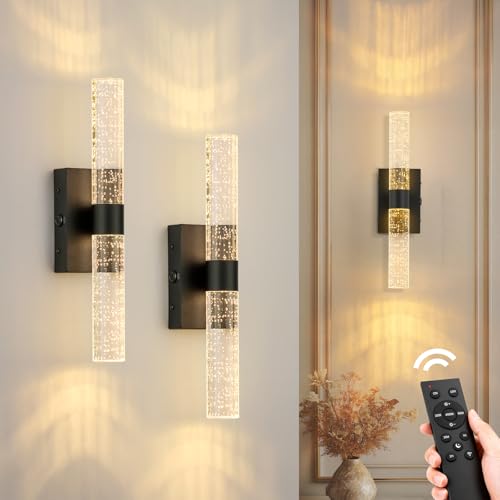 Battery Operated Wall Sconces Set of 2, 20000mAh Rechargeable Wall Light | Remote Control 3000K-6000K Dimmable LED Wireless Sconces,Black,15.6 Inch - color: Black, size: 15.6 Inch