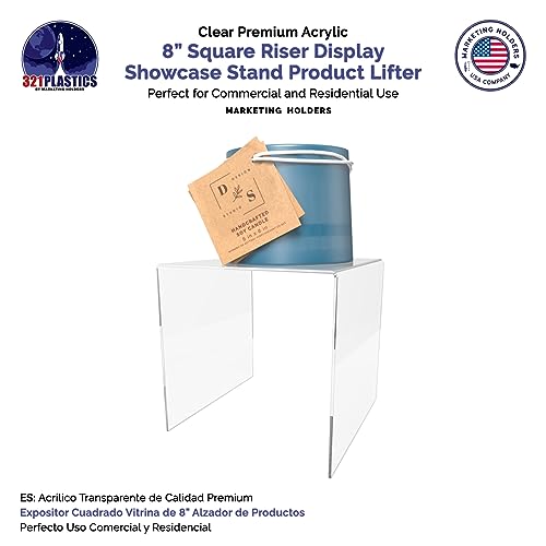 Marketing Holders 2 Pack Acrylic Riser Display Platform 8 Inch Wide Clear Square One Piece Lucite Retail Product Showcase Shelf Lifting Merchandising Pedestal Stand for Expos and Tradeshows - size: 8"W x 8"H