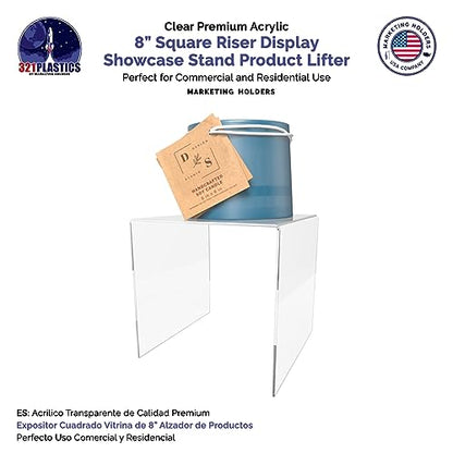 Marketing Holders 2 Pack Acrylic Riser Display Platform 8 Inch Wide Clear Square One Piece Lucite Retail Product Showcase Shelf Lifting Merchandising Pedestal Stand for Expos and Tradeshows - size: 8"W x 8"H
