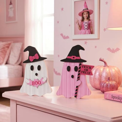 Valery Madelyn Pink Halloween Decor, Set of 2 Cute Halloween Ghost Decor, Witch Hat Boo & Trick or Treat Wooden Tabletop Signs for Home, Shelf, Tiered Tray Party Display, 5 Inch - size: Medium