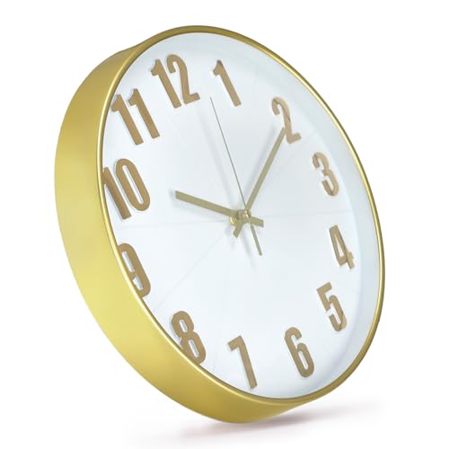 Wall Clock Modern Battery Operated Silent Non-Ticking Round Wall Clocks Simple Style Quartz Movement 3D Stereoscopic Dial Analog Decor Clock for Office/School/Living Room(White-Gold, 12 inch) - color: White-gold